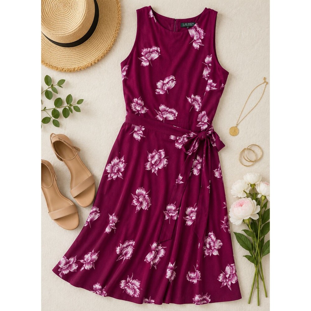 Lauren Ralph Lauren Women’s Dress Sz 14 Sleeveless Floral Tie Waist Midi Purple